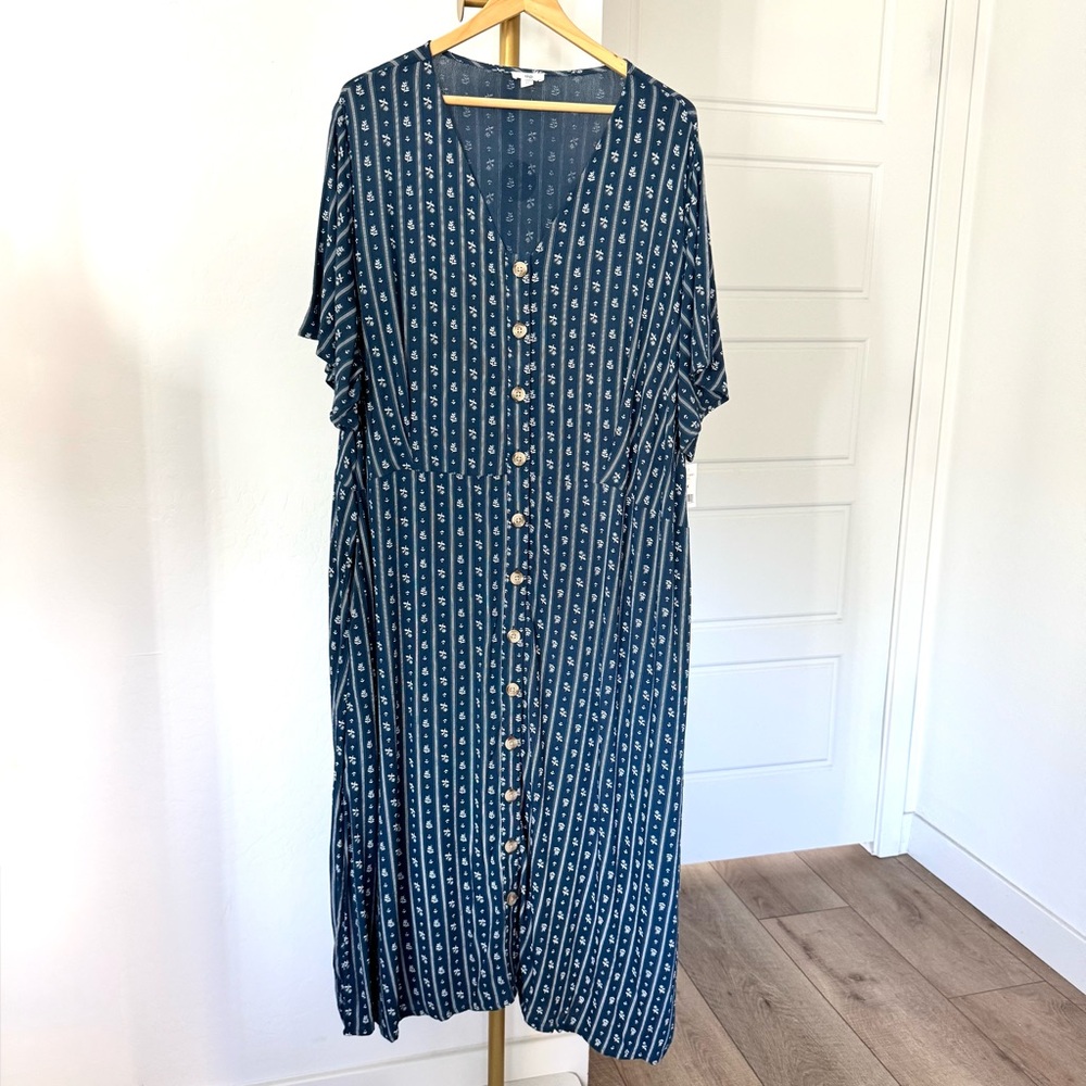 Floral V Neck Button Down Short Sleeve Blue Midi Dress Women's Plus Size 3X Boho